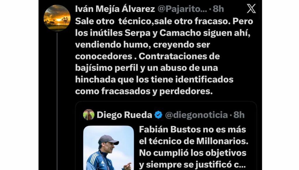 Reaccion de Iván Mejía a salida de Bustos de Millonarios (X @PajaritoDeIvan)