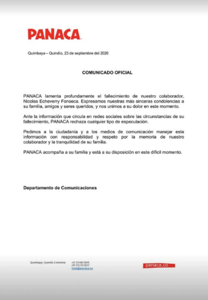 Comunicado Panaca sobre trabajador muerto en septiembre 2026 / Panaca