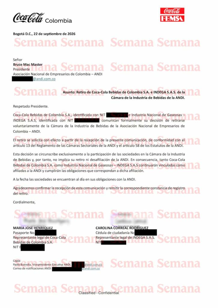 Carta de Coca-Cola / Revista Semana