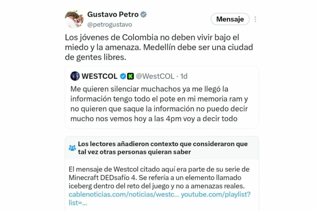 Trino de Gustavo Petro en respuesta a Westcol / X: Gustavo Petro