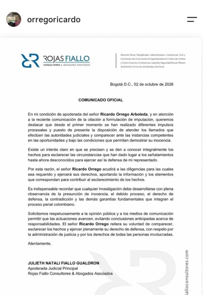 Comunicado defensa de Ricardo Orrego