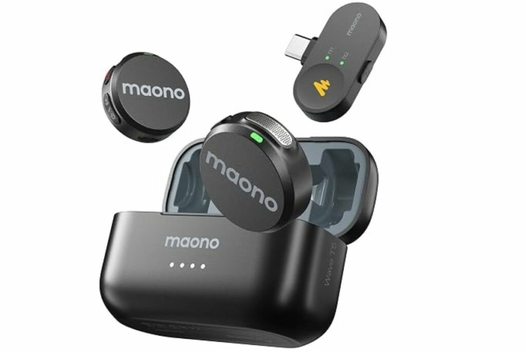 MAONO Micrófono inalámbrico Lavalier para iPhone 17/16/15/Android/Tablet, Mini mic USB C con 48KHz 24Bit, Alcance de 300m, Filtro de voz, Cancelación de ruido, 30H de uso para grabación de video / Amazon