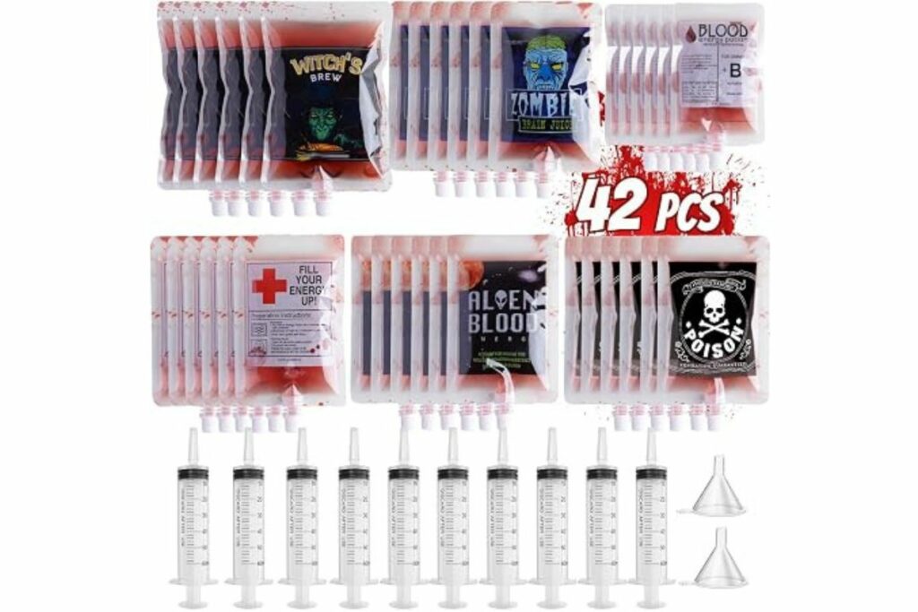 42 bolsas de sangre de Halloween para bebidas y suministros de fiesta, 30 bolsas reutilizables para fiestas de vampiros + 10 jeringas + 2 embudos, recipientes de varios tamaños para Halloween / Amazon