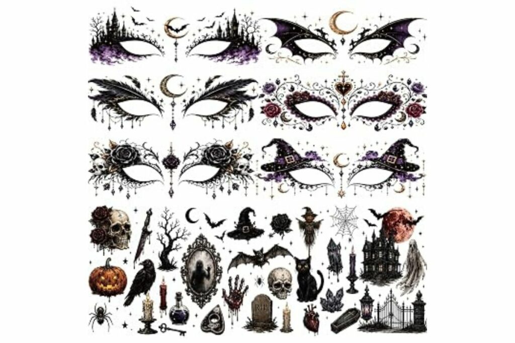 20 hojas de tatuajes temporales de sombra de ojos de Halloween, tatuajes / Amazon