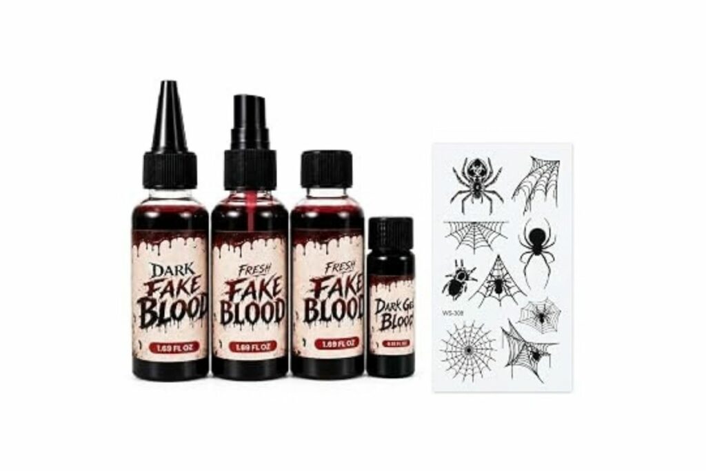 Maquillaje de sangre falsa de Halloween con pegatina, kit de sangre / Amazon