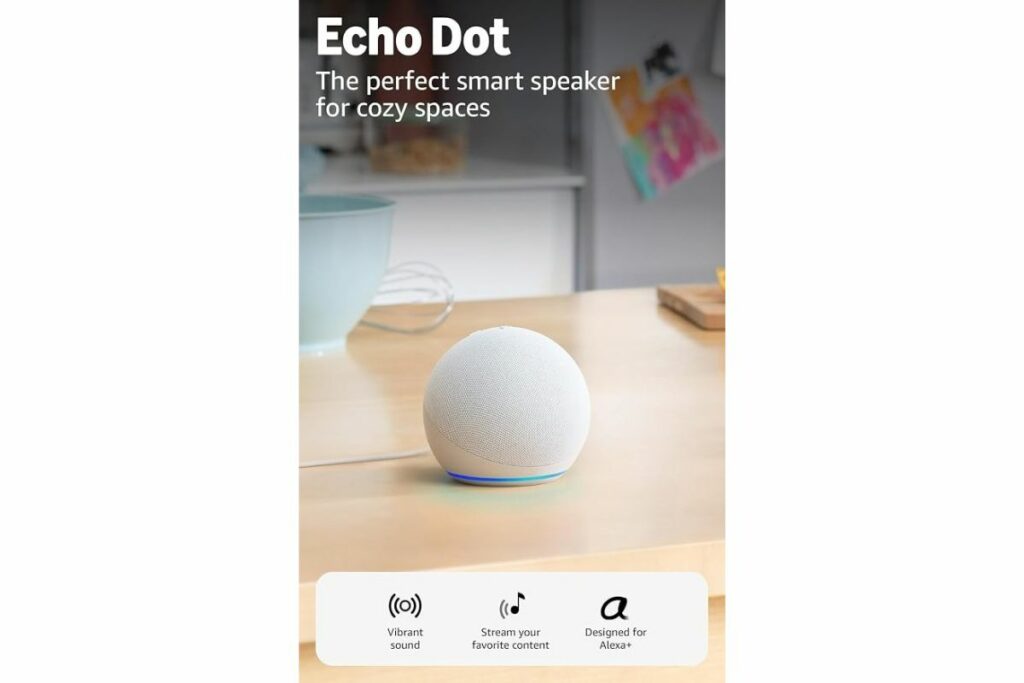 Amazon Echo Dot (modelo más reciente): parlante Alexa con sonido vibrante, ideal para dormitorios, comedores y oficinas (blanco glaciar)/ amazon