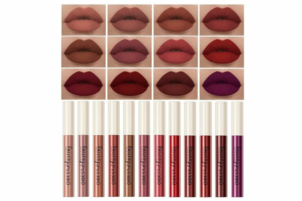QiBest Juego de 12 lápices labiales líquidos mate para niñas y mujeres, 24 horas de larga duración, impermeables, color piel y rojo oscuro, kit de regalo de maquillaje, terciopelo antiadherente / Amazon