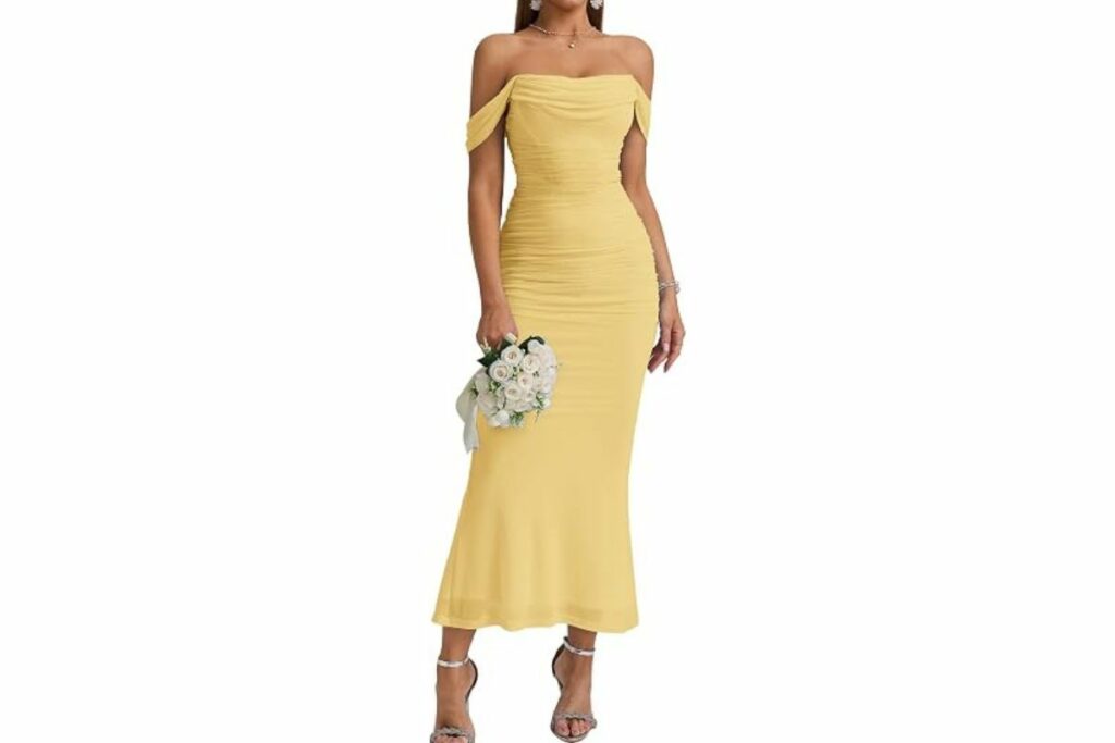 KUTUMAI Women Off Shoulder Maxi Long Corset Formal Wedding Guest Dress / Amazon