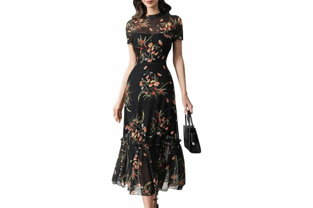 GothDark Vestido de Verano con Volantes de Malla Floral para Mujer, Manga Corta, Cuello Redondo, Cintura Ceñida, Casual, Maxi, Vestidos para Invitadas de Boda / Amazon