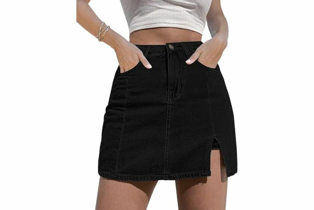 luvamia - Faldas skort para mujer, faldas de mezclilla mini con abertura lateral y pantalones cortos de mezclilla de cintura alta elásticos / Amazon