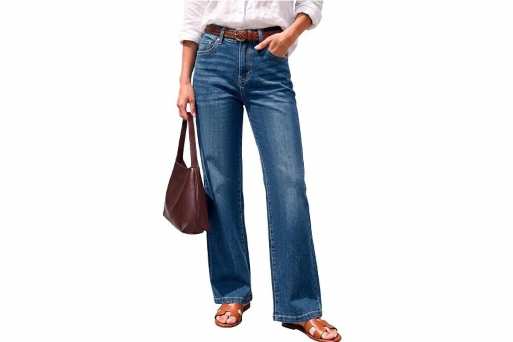 Sidefeel Pantalones de pierna ancha de mujer de cintura alta con control de abdomen, pantalones de mezclilla elásticos de pierna recta de moda / Amazon