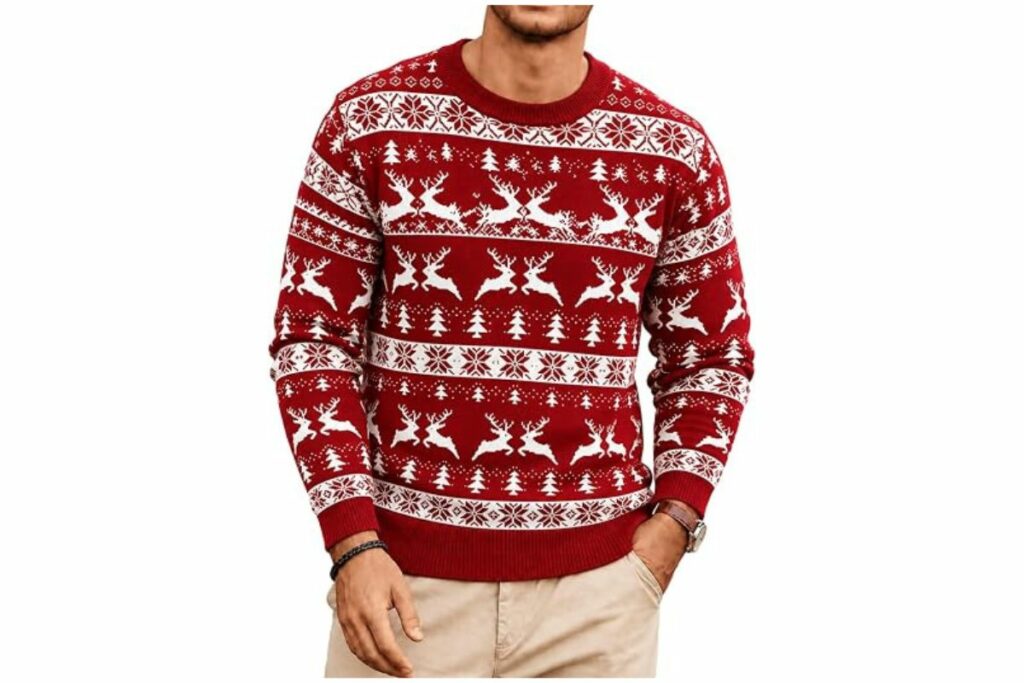 Suéter de punto navideño para hombre, cuello redondo, suéter feo / Amazon