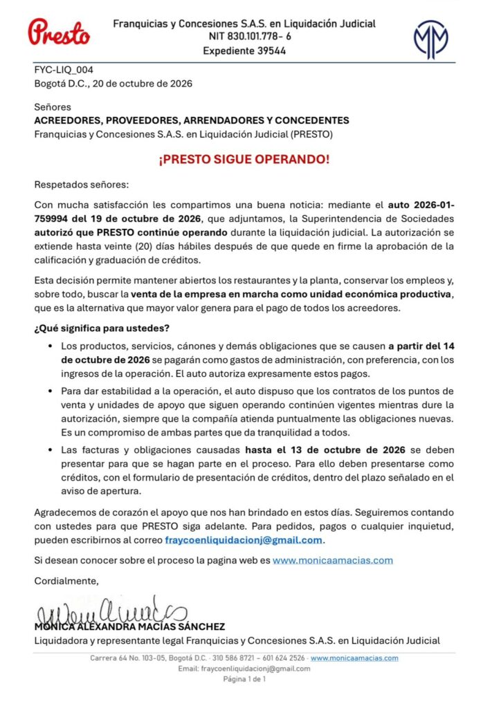 Comunicado Presto