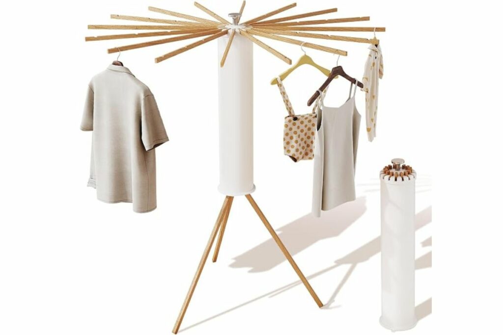 LIENAHU Trípode de secado de ropa, tendedero de ropa, estante de secado de lavandería, soporte de suelo, 16 postes de madera, estantes de secado plegables para lavandería, retráctil, plegable, plegable / Amazon