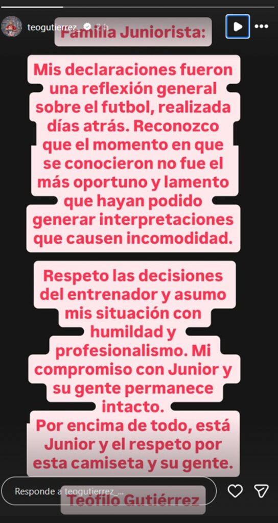 Mensaje de Teófilo Gutiérrez