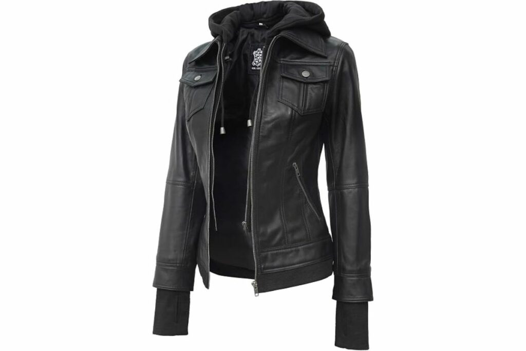 fjackets Chaqueta bomber de cuero con capucha para mujer, chaqueta de piel de cordero real con capucha extraíble / Amazon