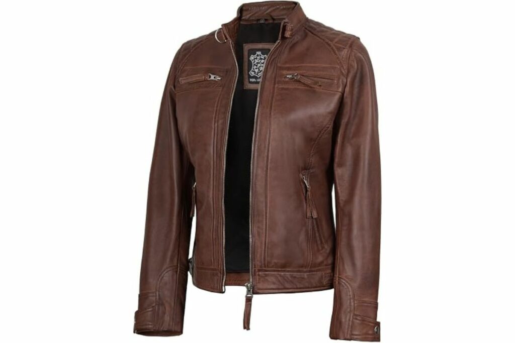 fjackets Chaqueta de cuero para mujer, estilo moto, piel de cordero real, acolchada Cafe Racer, clásica, con cremallera / Amazon