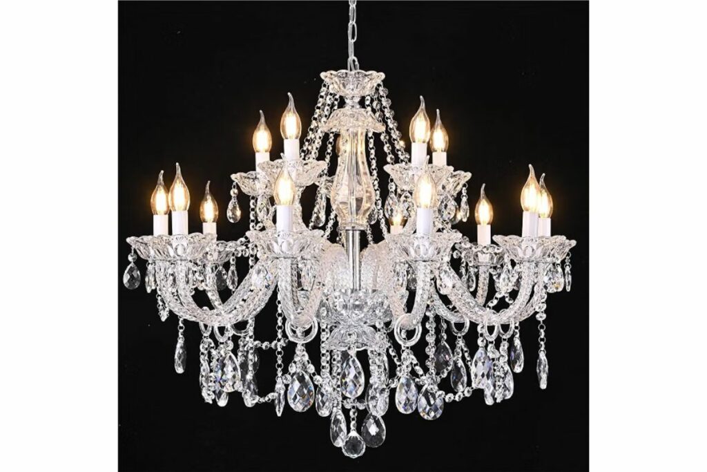Candelabro de cristal transparente K9 con 15 luces colgantes para comedor, sala de estar, dormitorio, pasillo, entrada, elegante lámpara de techo E12 transparente / Amazon