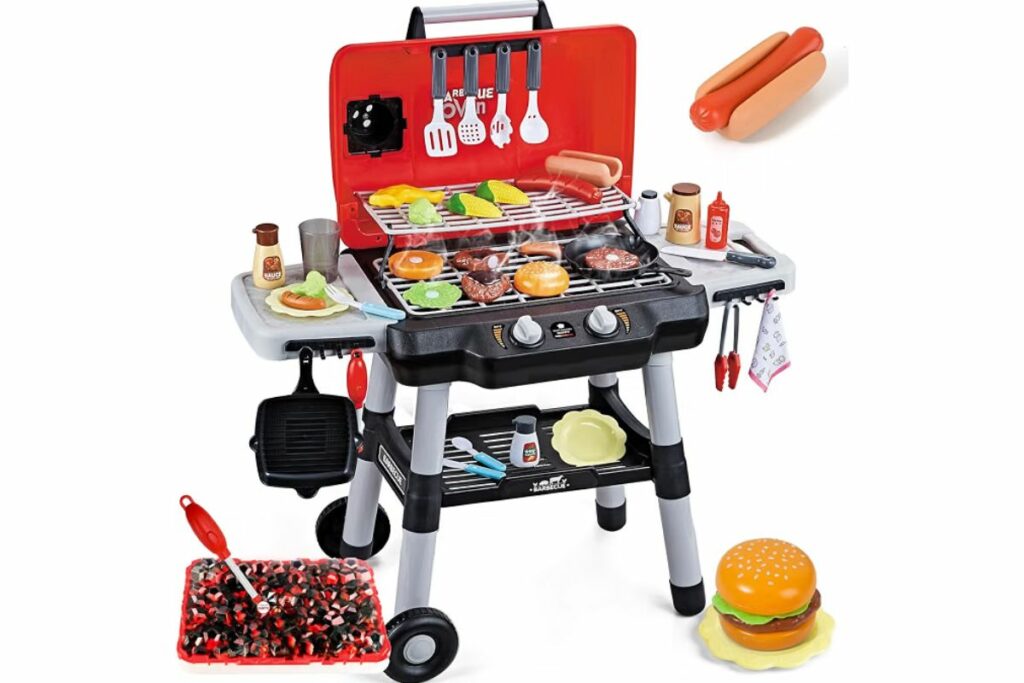 Juguetes de cocina para niños, juego de parrilla de barbacoa para niños con humo, sonido y luz, juguete de barbacoa de 2 niveles con rueda, juguetes de parrilla de juego al aire libre para niños / amazon
