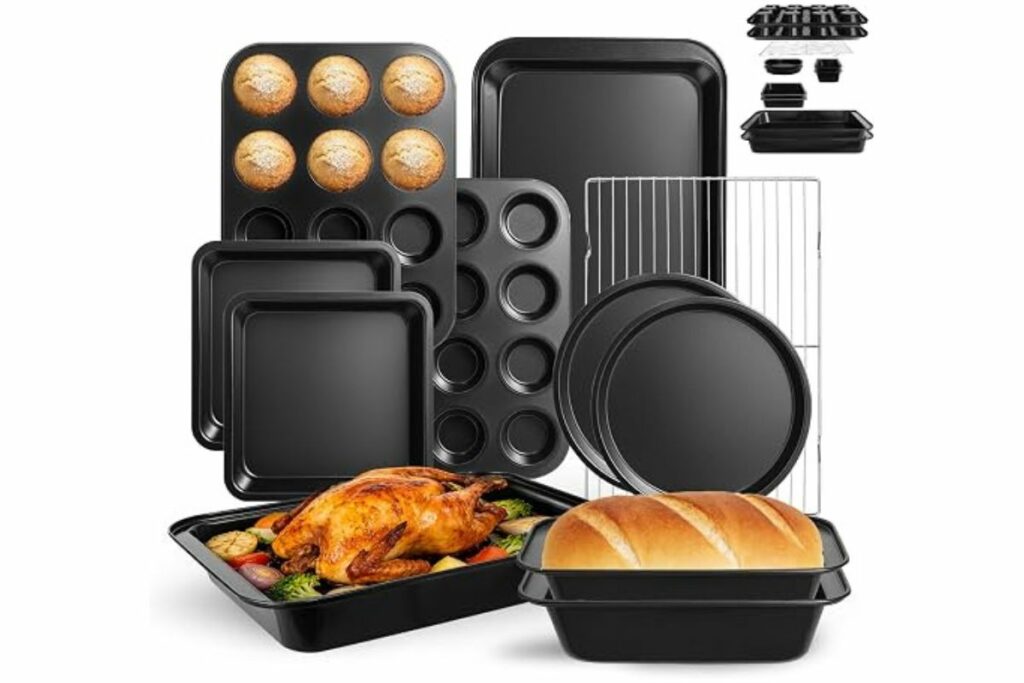11-Piece Nonstick Baking Pans Set - Professional Grade Carbon Steel Bakeware with Premium Coating- Dishwasher Safe, Stackable, Oven Safe to 450°F (Black) / Amazon