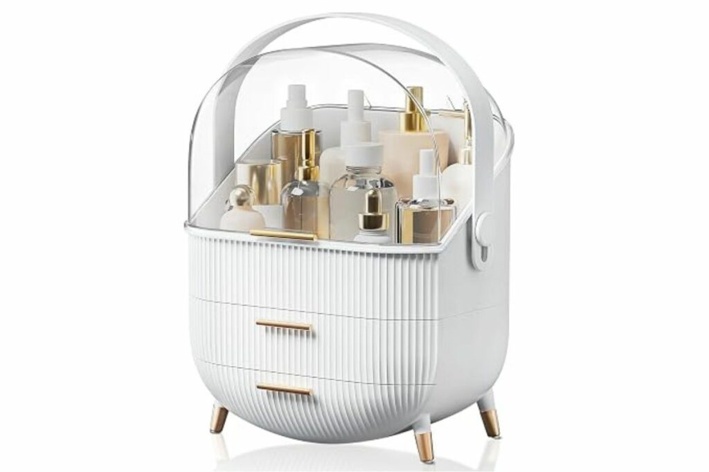 BTGGG Organizador de maquillaje, organizador de maquillaje para tocador, almacenamiento de cosméticos de encimera con cajones y cubierta transparente para dormitorio y baño, color blanco / Amazon
