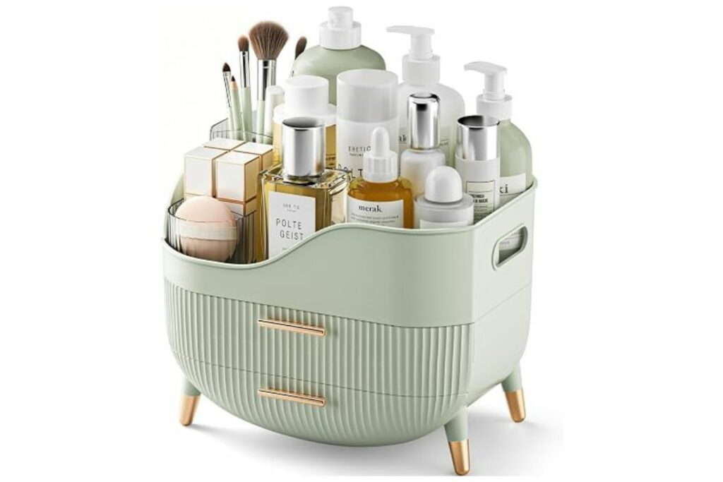 Pajiriona Organizador de maquillaje con cajones, organizador verde para el cuidado de la piel para tocador, caja de almacenamiento con asa, vitrina grande para cosméticos para tocador, encimera de baño / Amazon