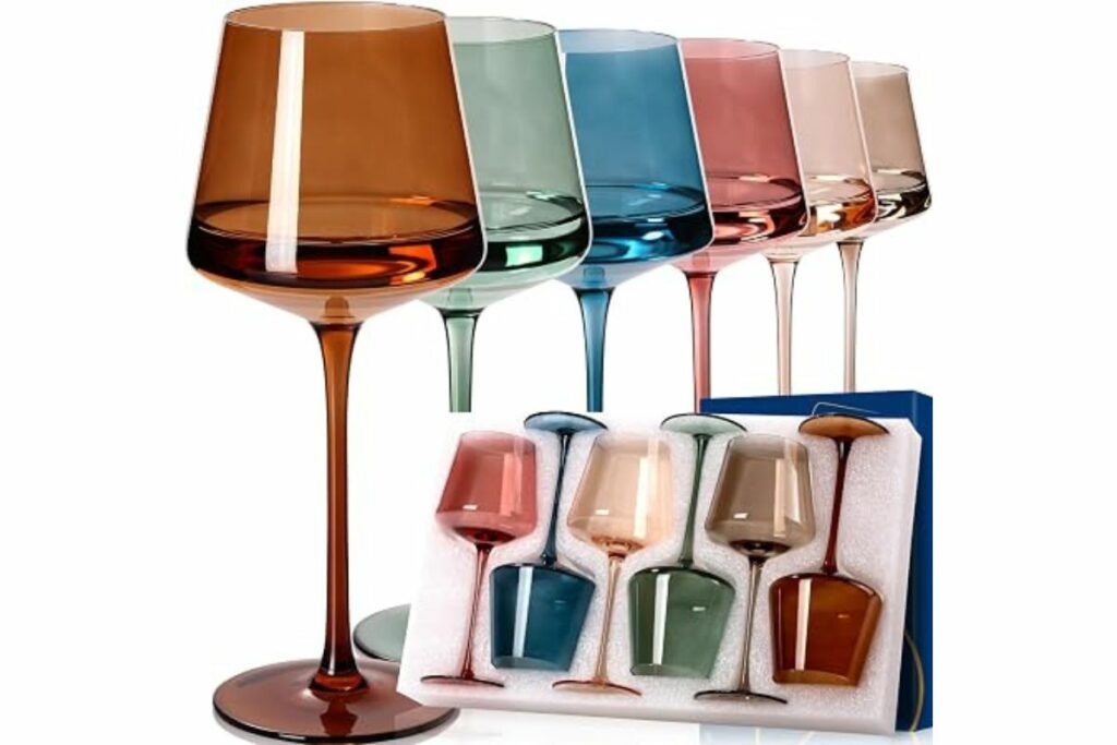 Juego de 6 Copas de Vino de Colores de 18oz【Sopladas a Mano】Copas de Vino de Cristal Coloridas con Tallo - Copa de Vino Multicolor Juego de Regalo de Boda para Amantes del Vino Tinto y Blanco / Amazon