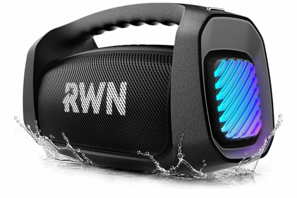 RWN Altavoz Bluetooth para exteriores: sonido fuerte de 160 W, IP67 impermeable con tiempo de reproducción de 24 horas, carga rápida, graves, TWS, altavoces inalámbricos portátiles con espectáculo de luz para casa, fiesta, proyector, playa (negro) / Amazon