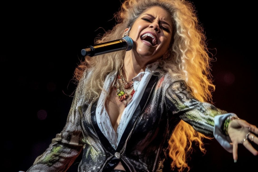 Shakira cantando en un escenario a los 70 años