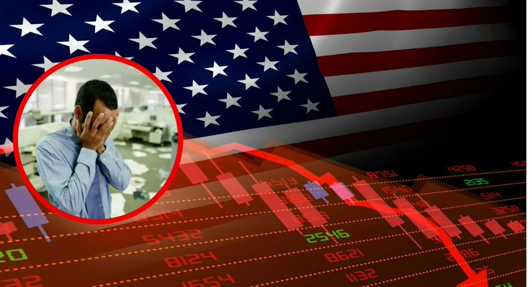 Imagen de bandera de Estados Unidos e imagen de referencia de hombre en quiebra y de bolsa de valores en caída.