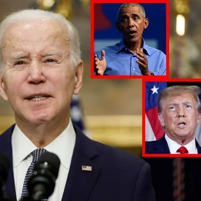 Foto de presidente de EE. UU. Joe Biden, Barack Obama y Donald Trump, a propósito de quiebra de dos bancos