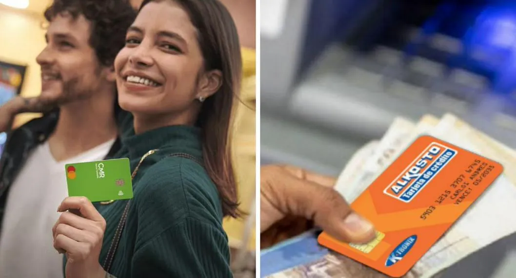 Collage de tarjetas de crédito Falabella y Alkosto ilustran notas sobre beneficios y detalles de ambas.