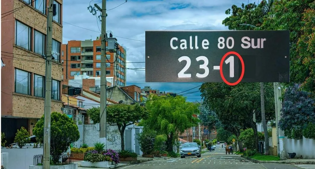 Imagen de fondo de Bogotá con imagen sobrepuesta de dirección en Colombia