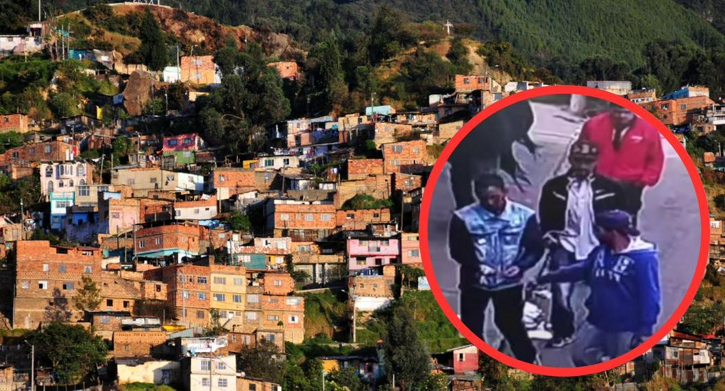Imagen de un barrio de Bogotá, con una imagen de una captura de pantalla de criminales que roban y extorsionan en Kennedy, Bogotá.