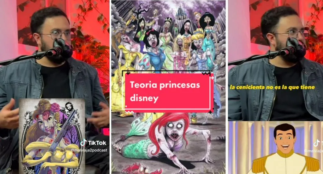 Tiktoker de 'malviada2' en pódcast ilustra nota sobre su teoría de los problemas mentales de las princesas de Disney. 