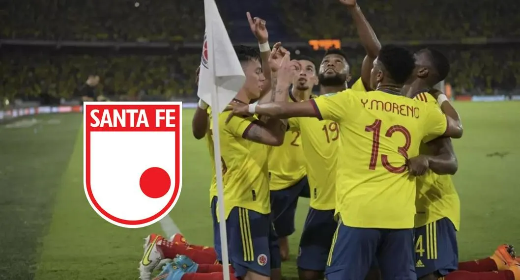 Celebración de un gol de la Selección Colombia y el escudo de Independiente Santa Fe, que buscaría traer de vuelta a jugador convocado en la 'Tricolor'.
