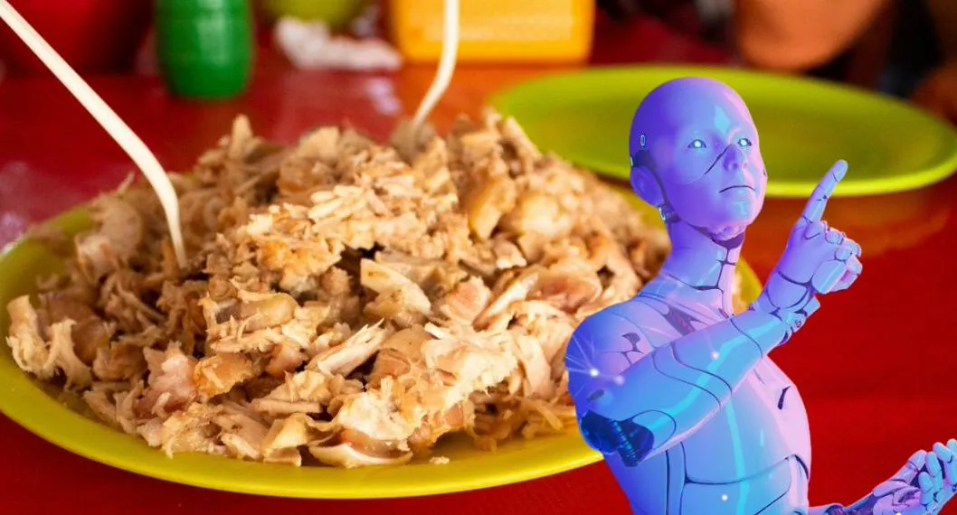 Foto de un robot y un plato de lechona para ilustrar artículo sobre lo que dijo Chat GPT sobre la lechona, 