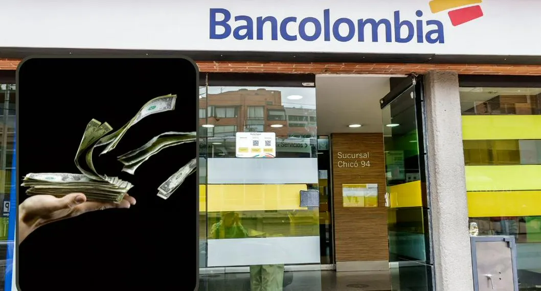 Foto de una fachada de Bancolombia y unos dólares, para ilustrar artículo sobre cuánto bajará el dólar en Colombia según la predicción de Bancolombia.