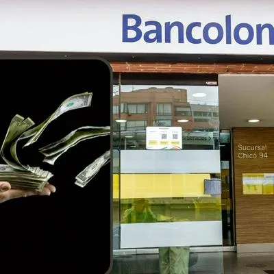 Foto de una fachada de Bancolombia y unos dólares, para ilustrar artículo sobre cuánto bajará el dólar en Colombia según la predicción de Bancolombia.