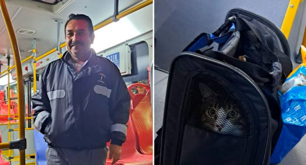 Esteban Estupiñán, conductor de bus de Transmilenio donde abandonaron un gato, en Bogotá. El conductor adoptó al animal