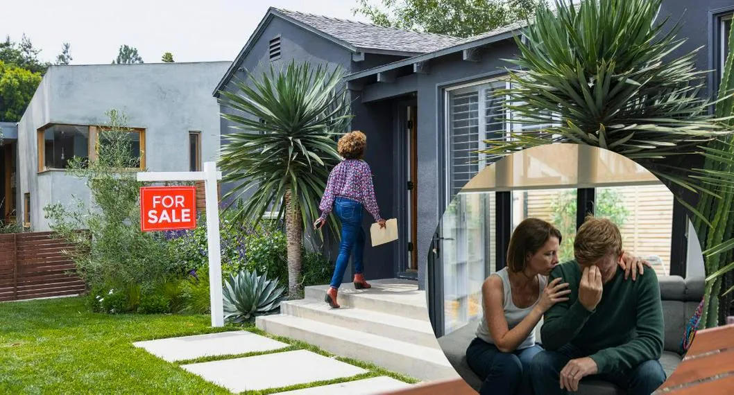 Foto de una casa en venta en Estados Unidos y una pareja preocupada, para ilustrar artículo sobre estafas con bienes raíces en ese país.