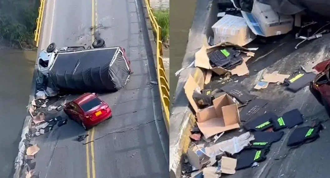 Uno de los vehículos que cruzaba por el puente que se cayó en el río La Vieja hoy, entre Quindío y Valle del Cauca, sería de la Policía Nacional. 