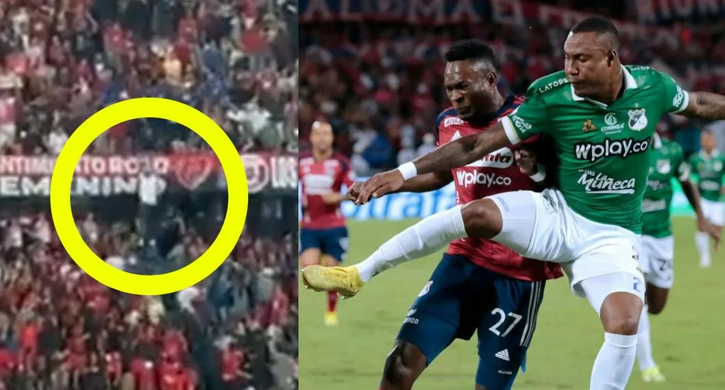 Durante Medellín vs. Cali hubo problemas con hinchas locales y supuestos infiltrados del visitante. | Hincha se bota de la tribuna.