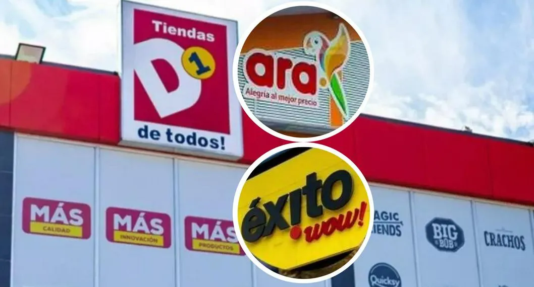 Fotos de D1, Ara y Éxito, en nota de esas cadenas, Olímpica, Dollarcity y Jumbo: cuántas tiendas tienen en Colombia.