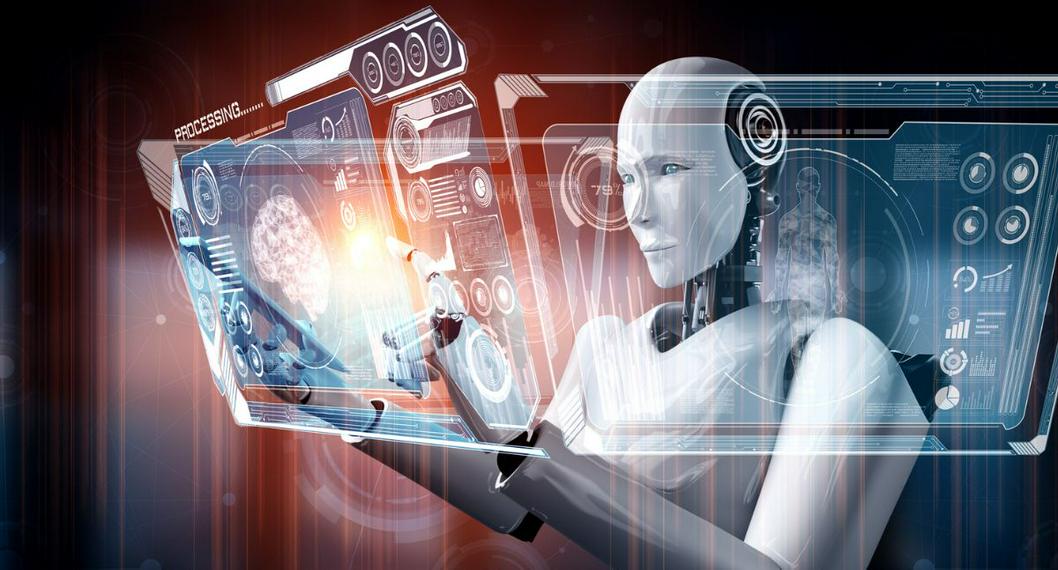 Robot humanoide inspeccionando holograma ilustra nota sobre máquina que creará empresa de ChatGPT.