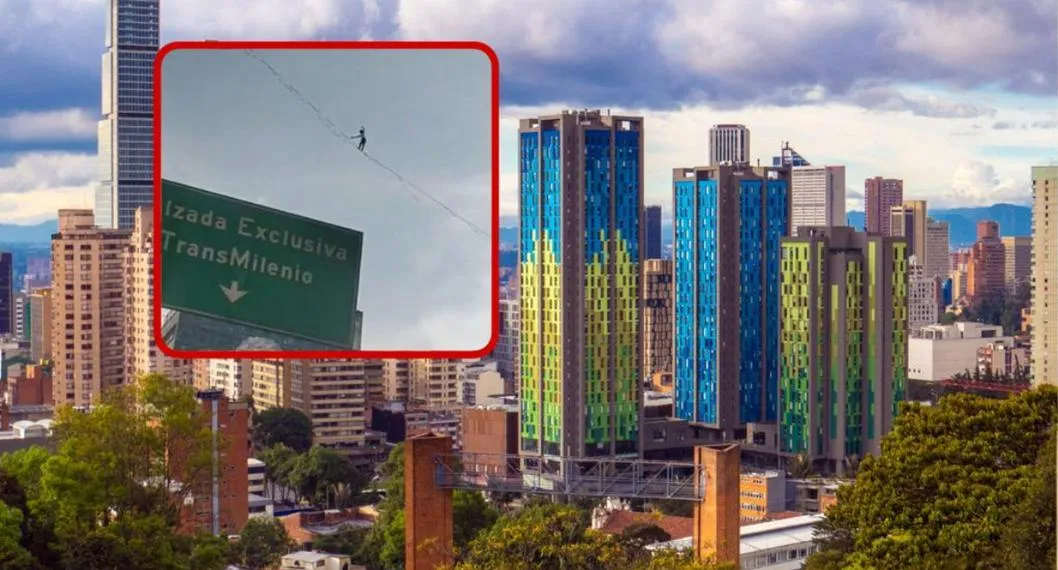 Hombre en Bogotá cruzó edificios sobre una cuerda colgante.