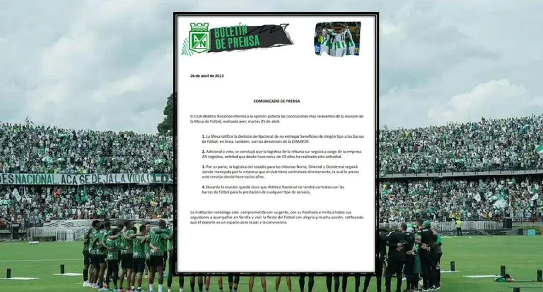 Atlético Nacional se contradijo en comunicado que subieron a sus redes sociales, en el que niegan nexos con Los Del Sur.