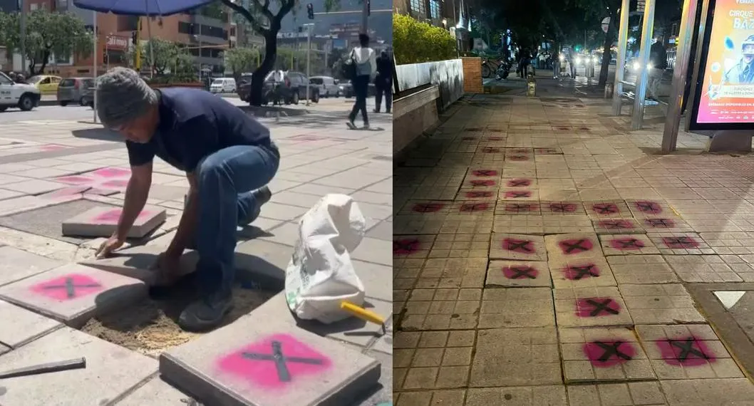 Muchos ciudadanos de Bogotá se preguntan por qué están pintando las baldosas flojas de los andenes de la ciudad y ya empezaron a aparecer los responsables.