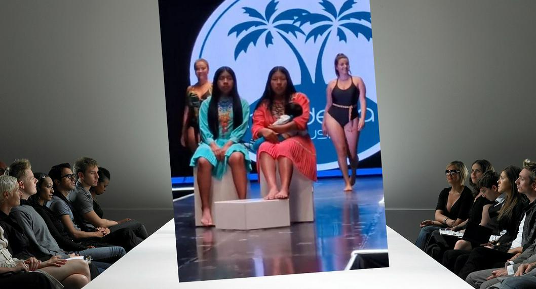 Madeira Exclusive, marca colombiana de vestidos de baños, criticada por poner a mujeres indígenas como floreros en una pasarela de moda.