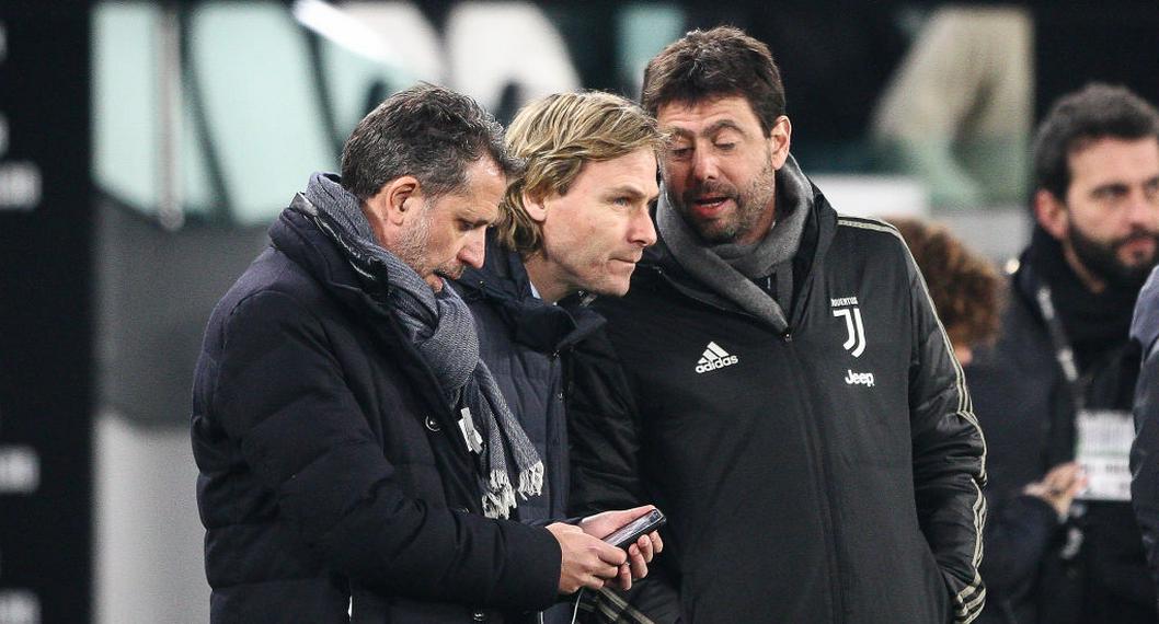 Andrea Agnelli, Pavel Nedved y Fabio Paratici, exdirigentes de Juventus cuyos movimientos tienen en problemas al club.